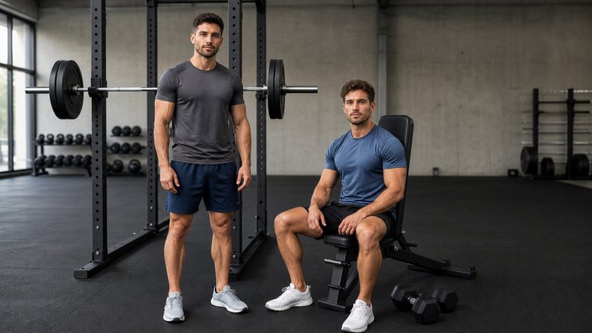 One athlete standing beside a barbell rack while another sits on a bench near two dumbbells