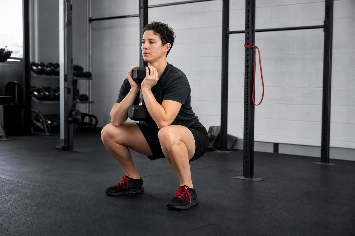 An athlete holding a dumbbell at chest height at the bottom of a goblet squat in a gym.