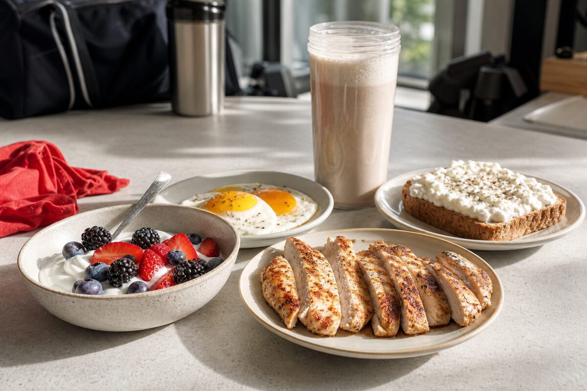 Grilled chicken, eggs, yogurt with berries, cottage cheese toast, and a protein shake on a table.