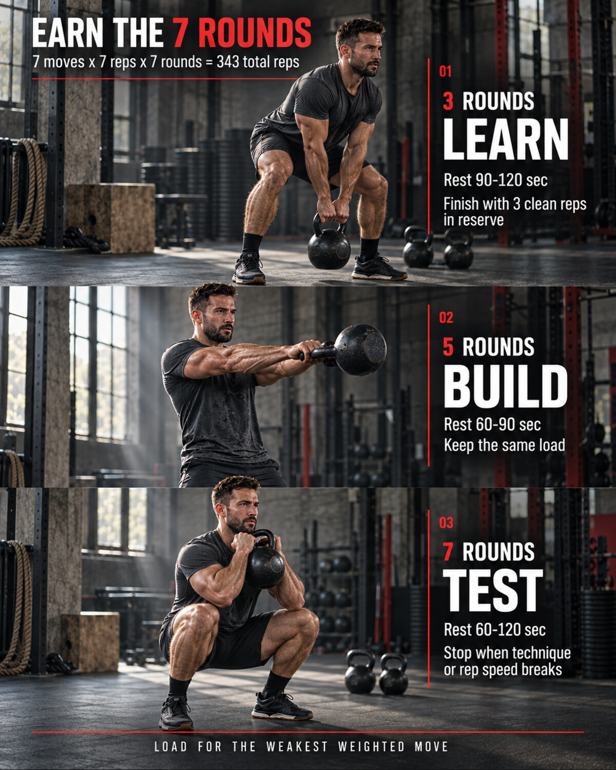 Three-stage 7-7-7 kettlebell workout progression from three to seven rounds