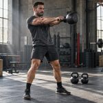A muscular athlete performing a two-hand kettlebell swing in a strength gym