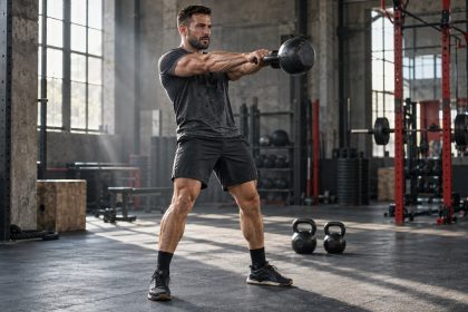 A muscular athlete performing a two-hand kettlebell swing in a strength gym