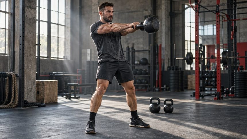 A muscular athlete performing a two-hand kettlebell swing in a strength gym