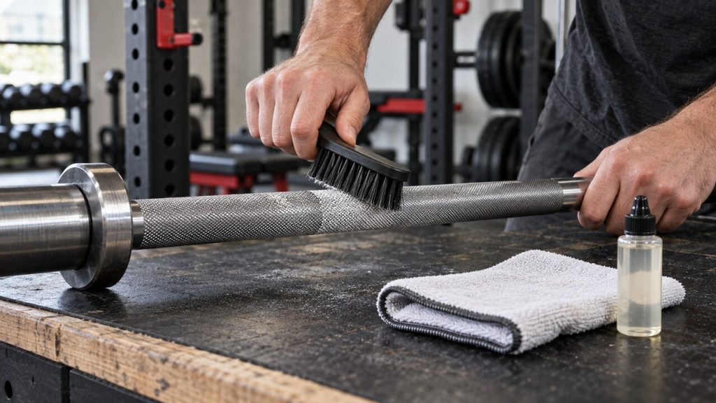 Nylon brush cleaning chalk from a barbell knurl