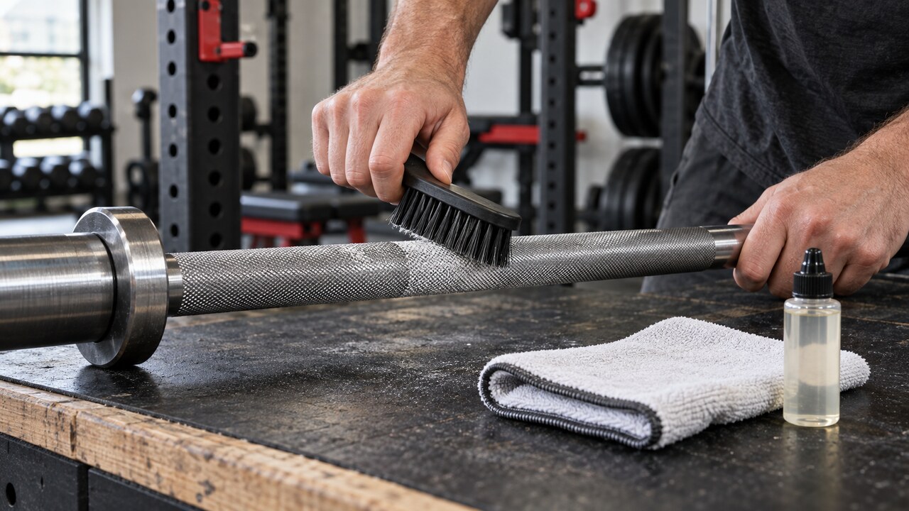 Nylon brush cleaning chalk from a barbell knurl