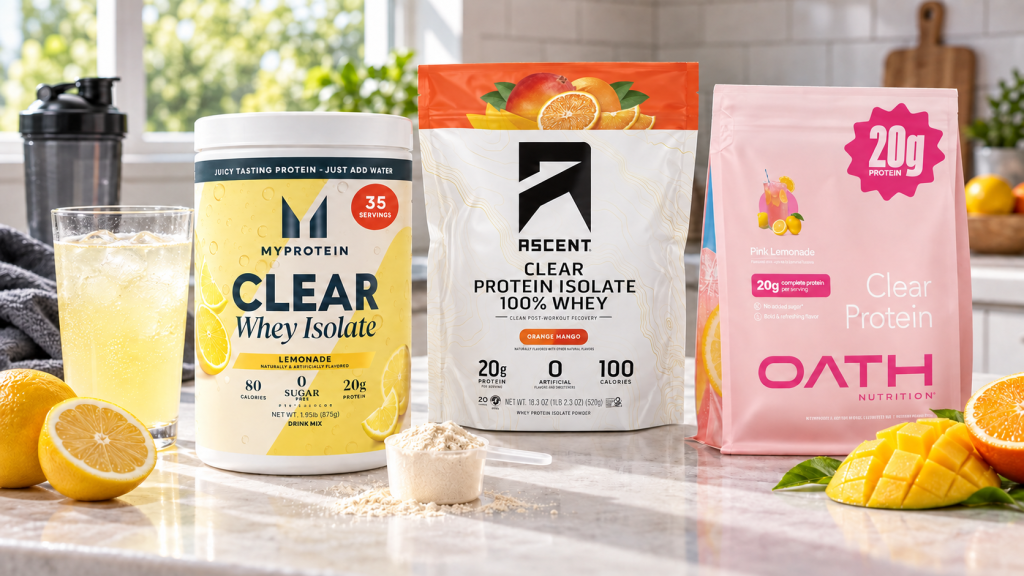 Myprotein, Ascent, and Oath clear whey products beside a glass of lemonade