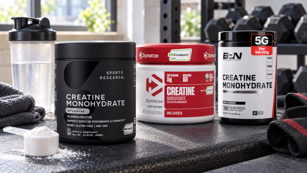 Sports Research, Dymatize, and BPN Creapure creatine products on a gym counter