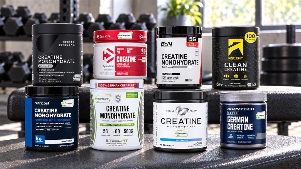 Eight Creapure creatine powder tubs arranged on a gym bench with their brand labels visible
