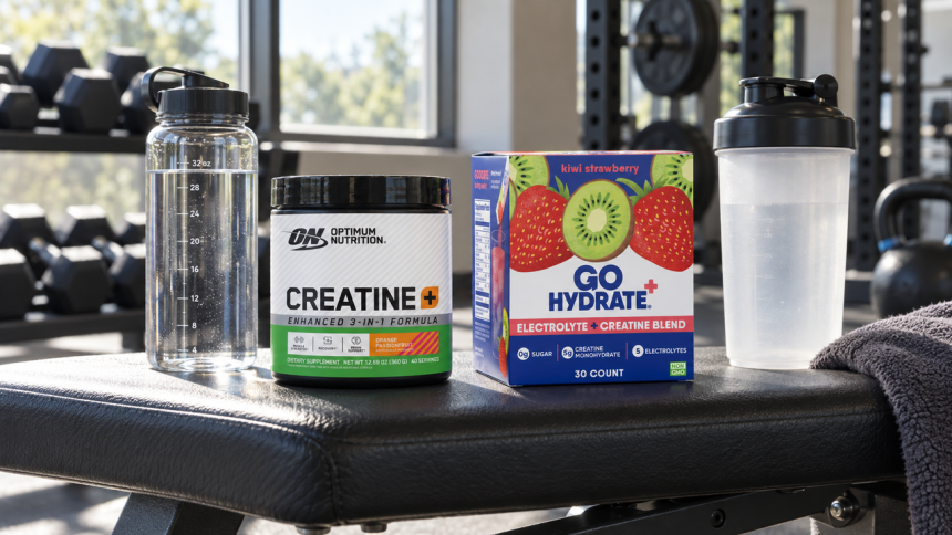 Optimum Nutrition Creatine [+] 40-serving tub and GoHydrate+ Creatine 30-count box beside a water bottle and shaker