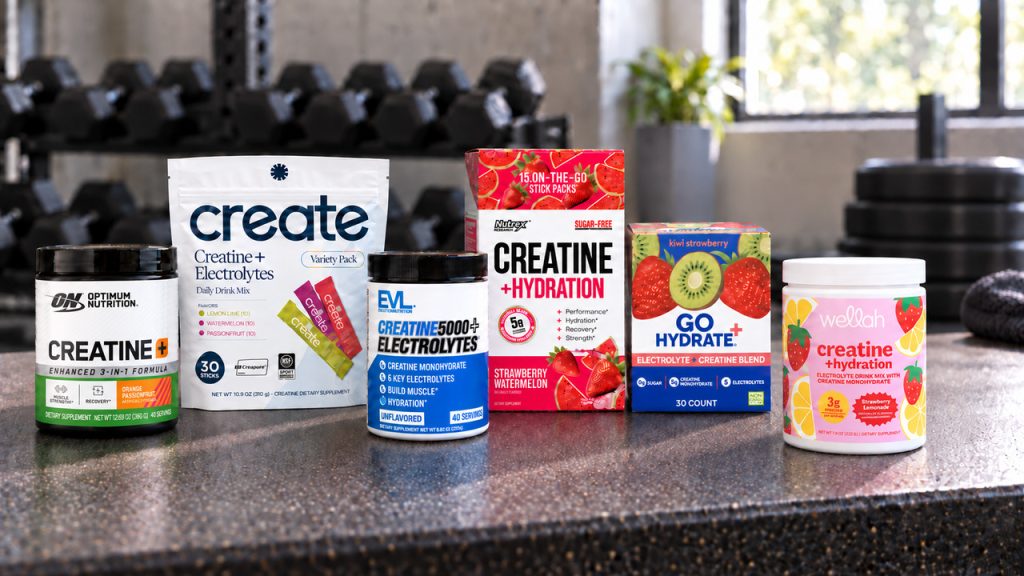 Six creatine and electrolyte products from Optimum Nutrition, Create, EVL, Nutrex, GoHydrate, and Wellah