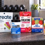 Six creatine and electrolyte products from Optimum Nutrition, Create, EVL, Nutrex, GoHydrate, and Wellah