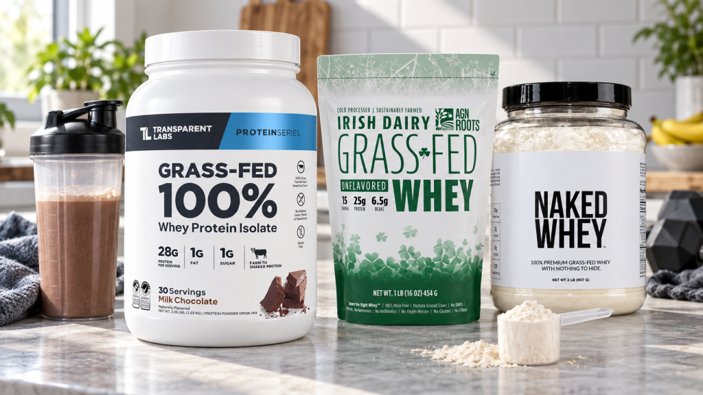 Transparent Labs, AGN Roots, and Naked Whey grass-fed whey products on a kitchen counter