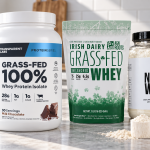Transparent Labs, AGN Roots, and Naked Whey grass-fed whey products on a kitchen counter