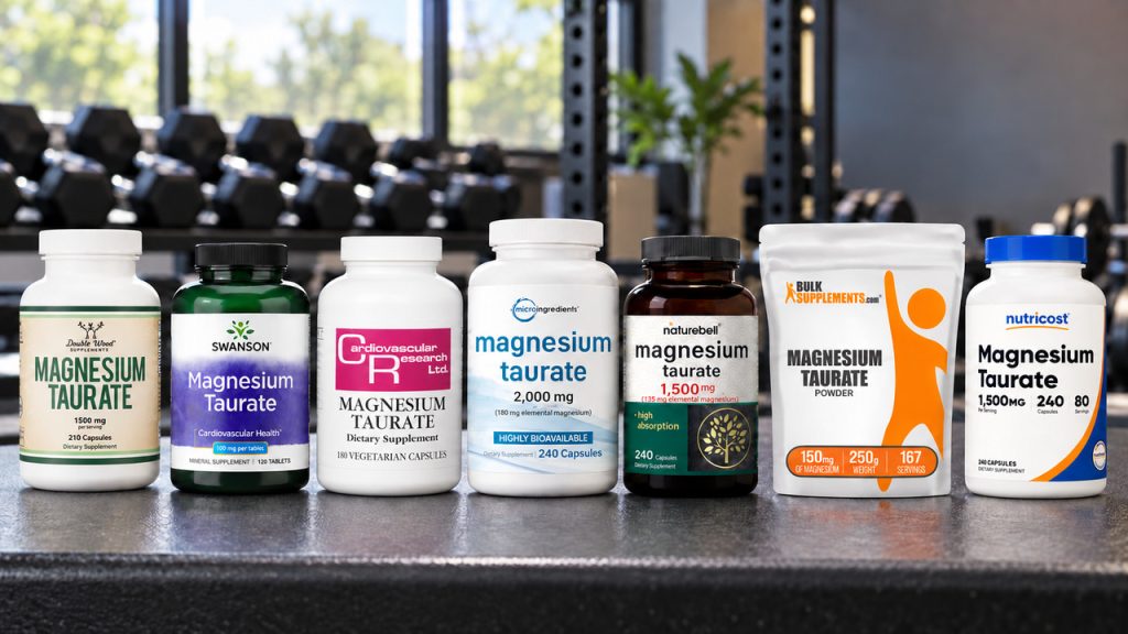 Seven branded magnesium taurate supplement packages on a gym counter