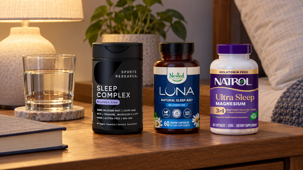 Sports Research, Nested Naturals LUNA, and Natrol melatonin-free supplements on a bedside table