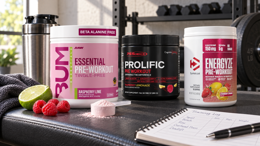 RAW, PEScience, and Dymatize pre-workouts on a training bench with a shaker