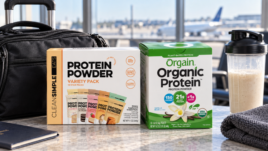 Clean Simple Eats and Orgain protein powder packet boxes beside a shaker and carry-on luggage