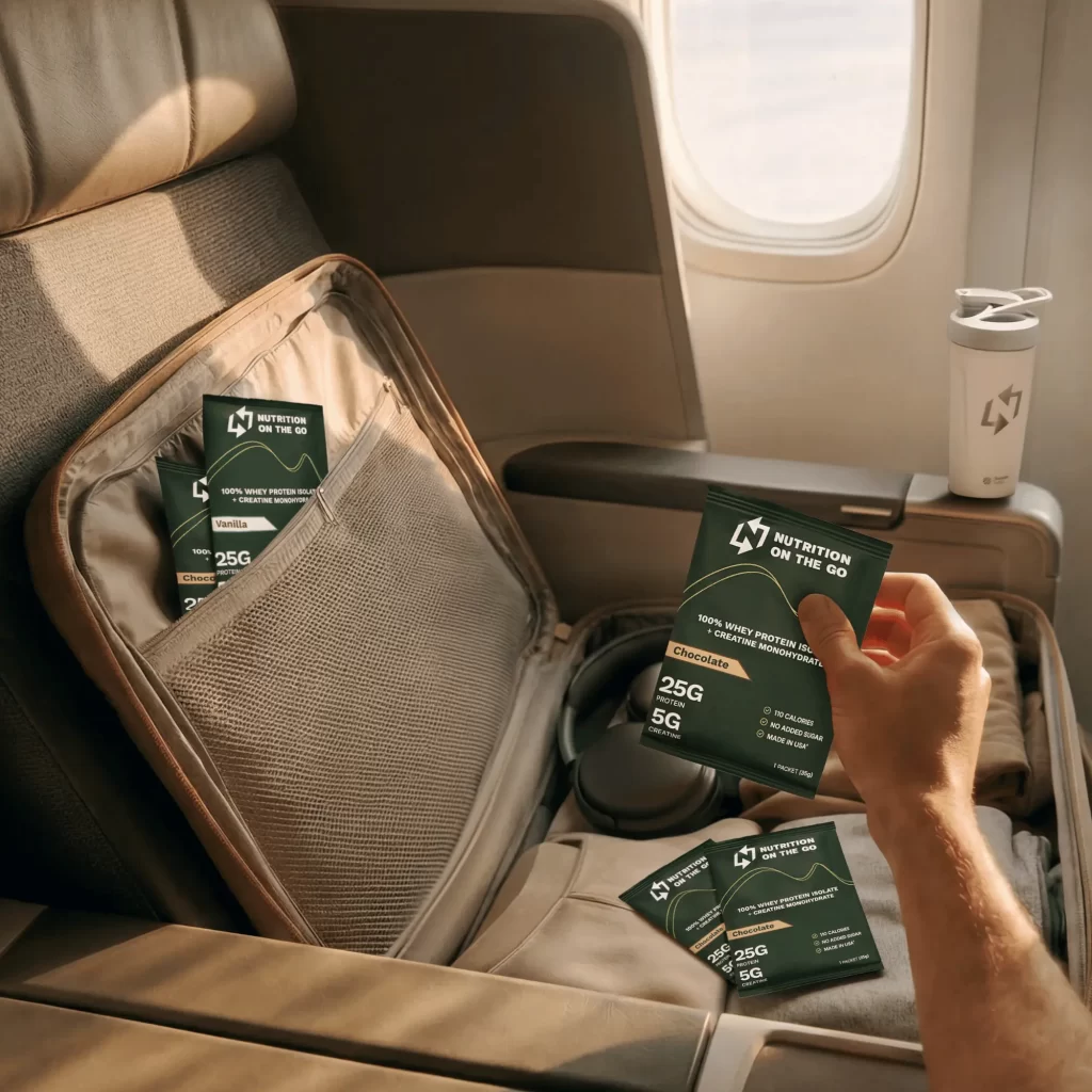 Nutrition On The Go whey protein and creatine packets in a travel bag