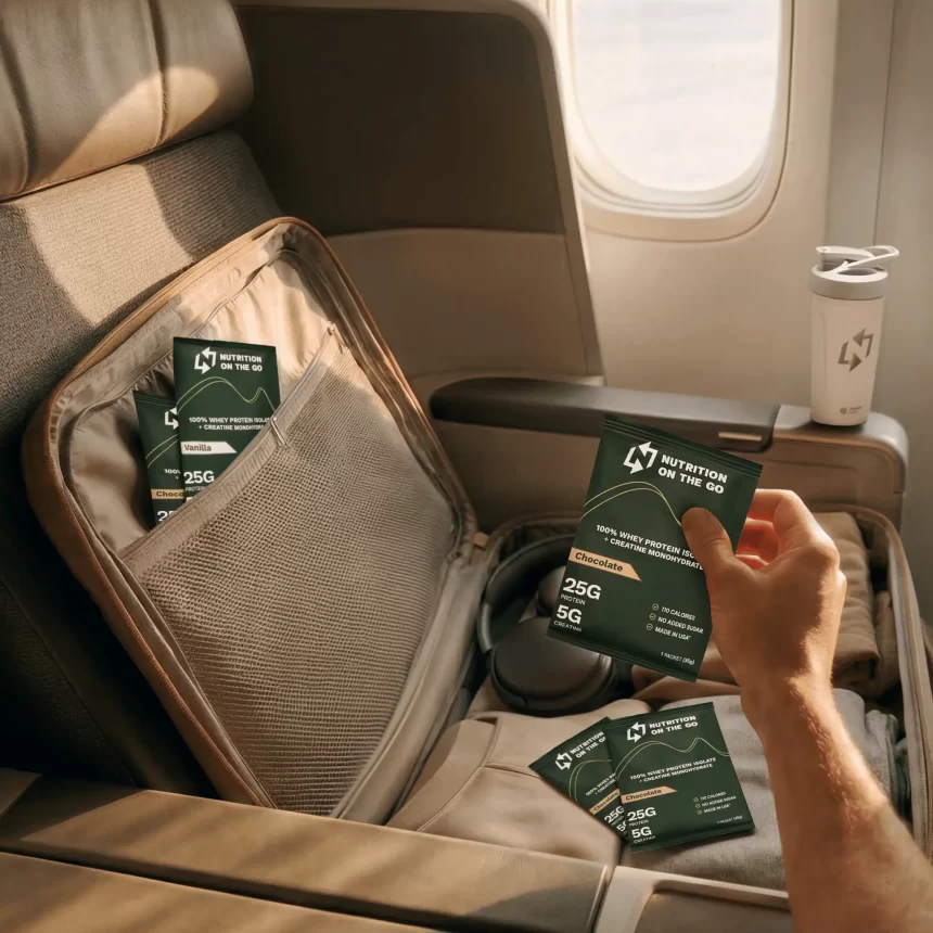 Nutrition On The Go whey protein and creatine packets in a travel bag