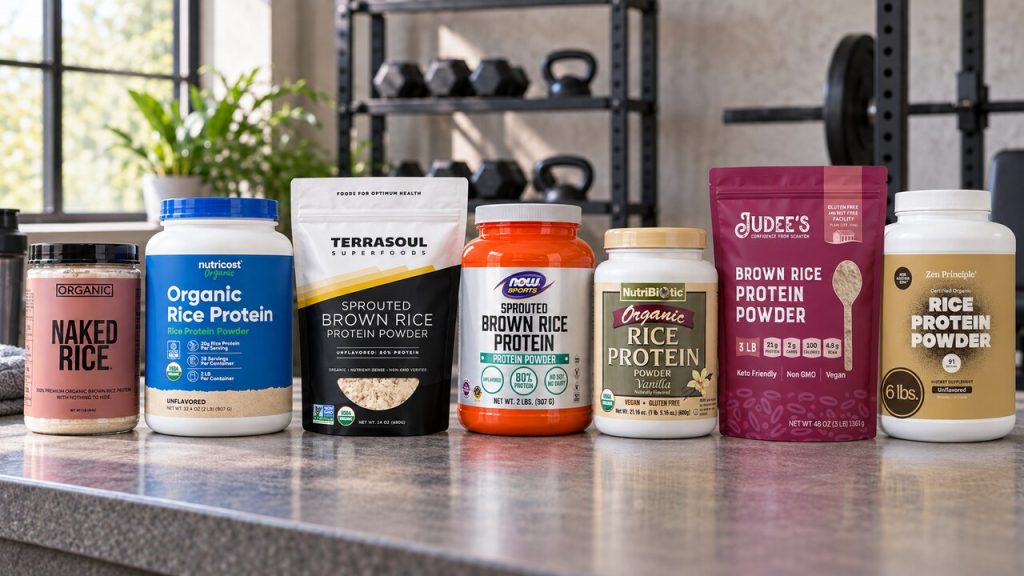 Seven rice protein powder packages on a gym counter