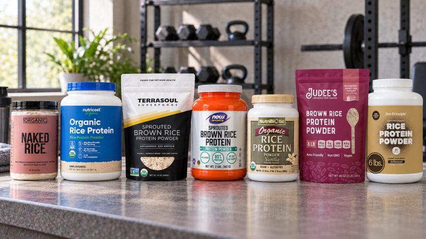 Seven rice protein powder packages on a gym counter