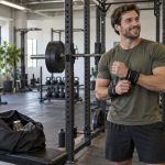 Fit man smiling in a gym beside a squat rack with a small cannabis jar tucked in his open gym bag