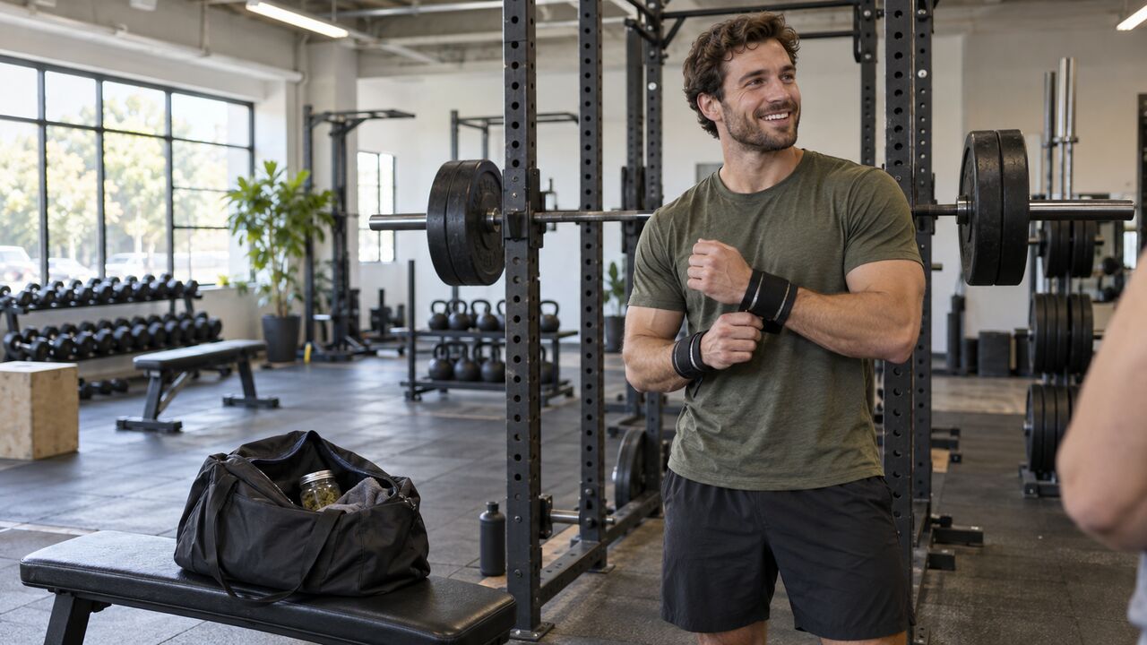 Fit man smiling in a gym beside a squat rack with a small cannabis jar tucked in his open gym bag