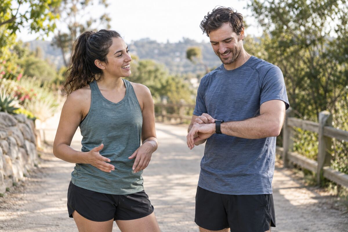 Two recreational runners talking while one checks a sports watch after an outdoor run