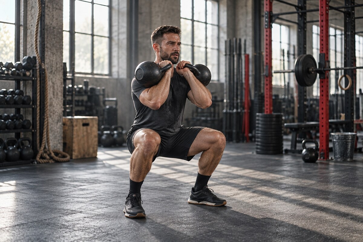 Athletic man holding two kettlebells in the front rack during a controlled squat