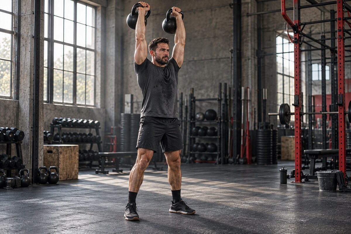 Athletic man finishing a double kettlebell push press with both bells overhead