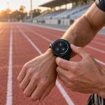 Runner adjusting a GPS watch beside an outdoor track