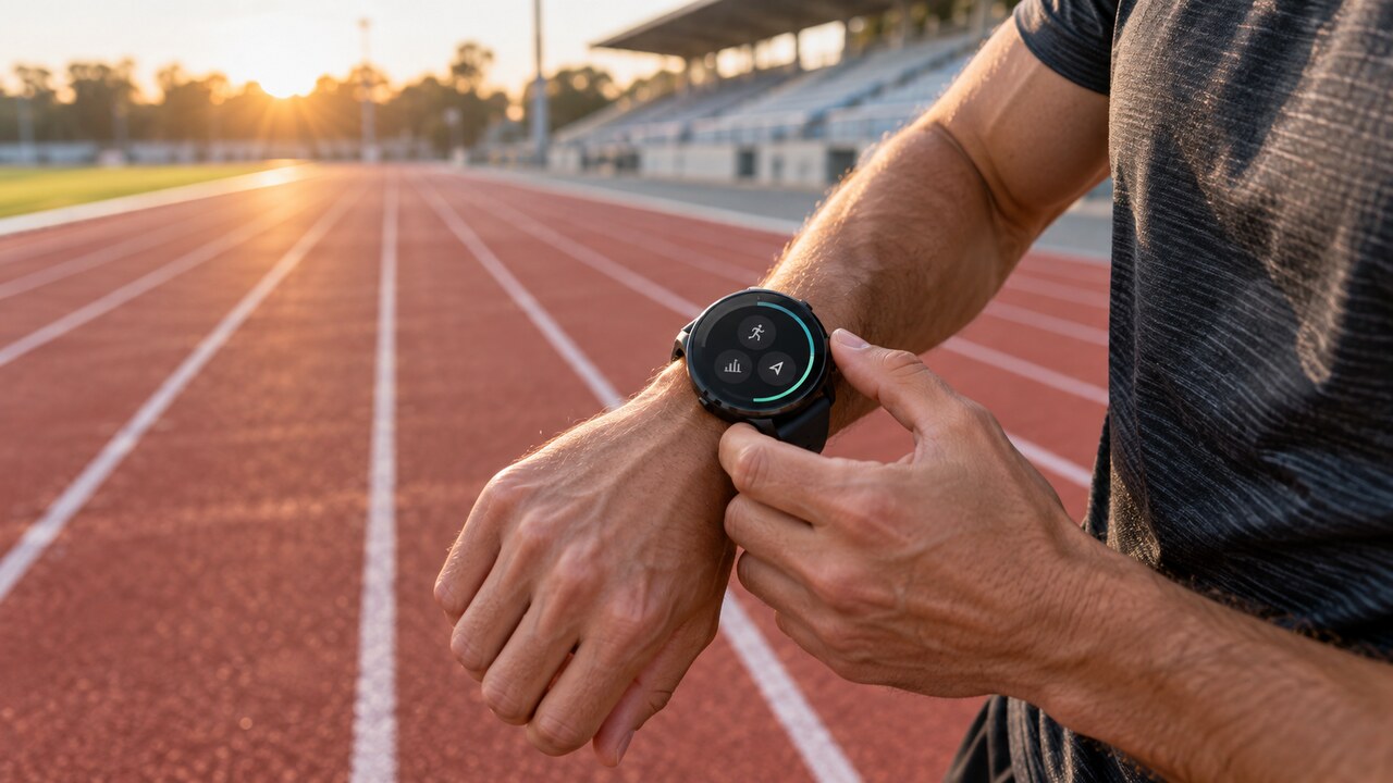 Runner adjusting a GPS watch beside an outdoor track