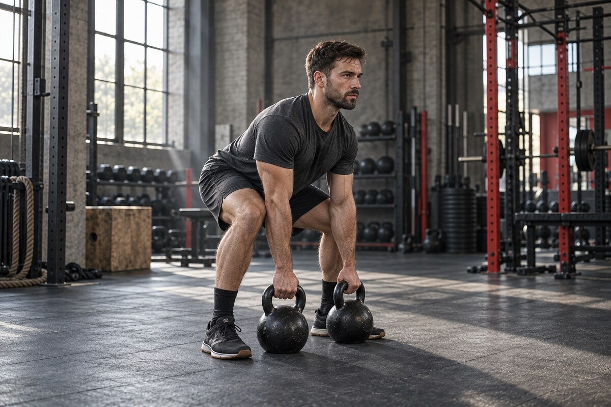 Athletic man demonstrating a neutral-spine double kettlebell deadlift setup