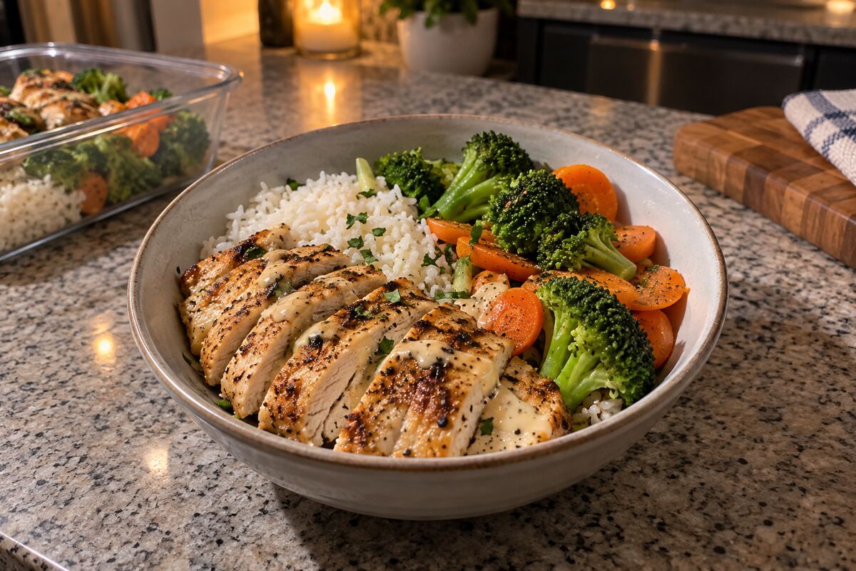 Chicken and rice bowl with broccoli, carrots, and a light sauce on a kitchen counter