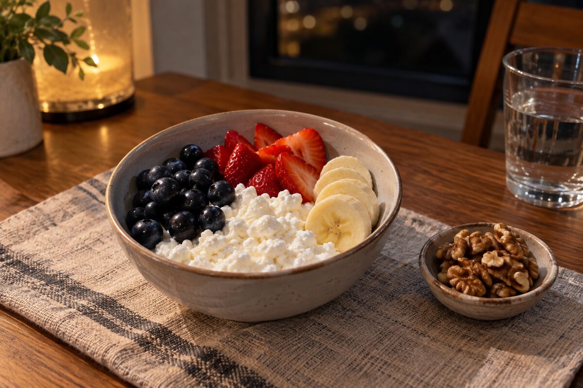Cottage cheese with berries and banana beside a small bowl of walnuts