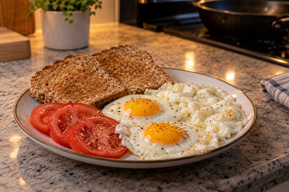 Two cooked eggs with egg whites, whole-grain toast, and tomato on a kitchen counter