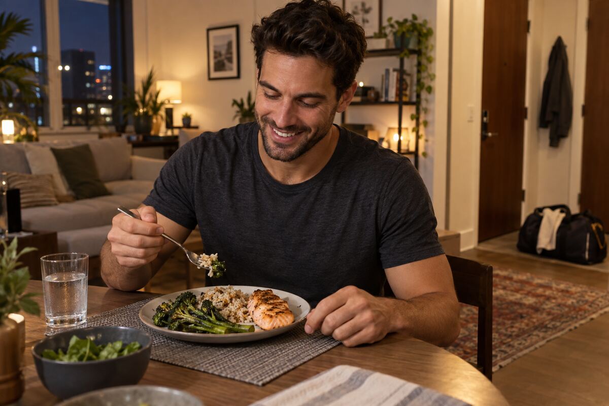 Fit man eating salmon rice and roasted vegetables at a dining table after an evening workout