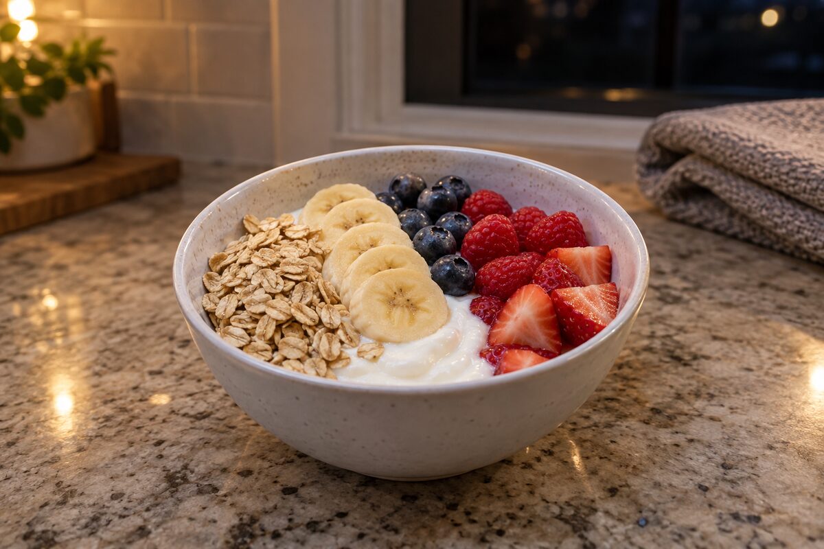 Greek yogurt bowl with oats, banana, blueberries, raspberries, and strawberries on a kitchen counter