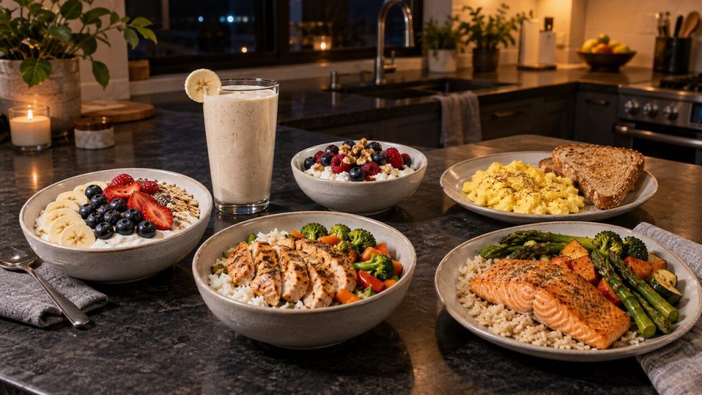 Six late-night post-workout meals including yogurt, smoothie, eggs, chicken rice, cottage cheese, and salmon
