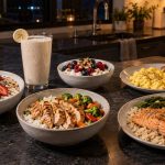 Six late-night post-workout meals including yogurt, smoothie, eggs, chicken rice, cottage cheese, and salmon