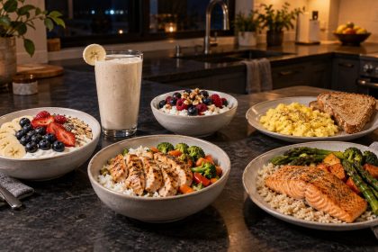 Six late-night post-workout meals including yogurt, smoothie, eggs, chicken rice, cottage cheese, and salmon