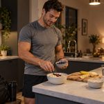 Athletic man preparing Greek yogurt with oats banana and berries in a warmly lit kitchen at night