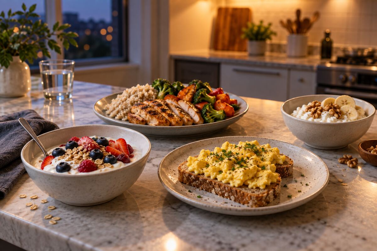 Four post-workout meals with yogurt eggs chicken rice vegetables cottage cheese fruit and walnuts