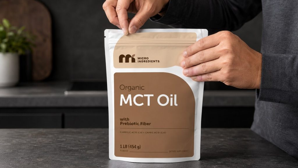 Micro Ingredients MCT oil powder pouch being opened
