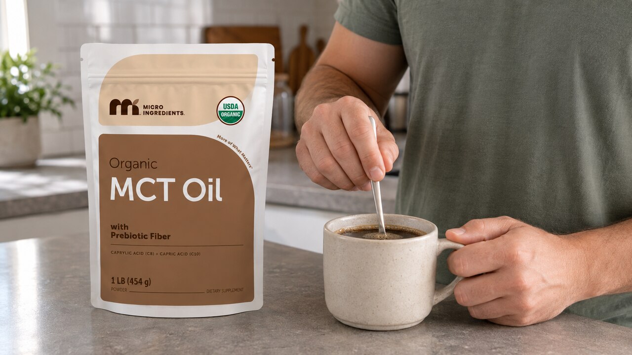 Micro Ingredients MCT oil powder pouch beside an illustrative mug