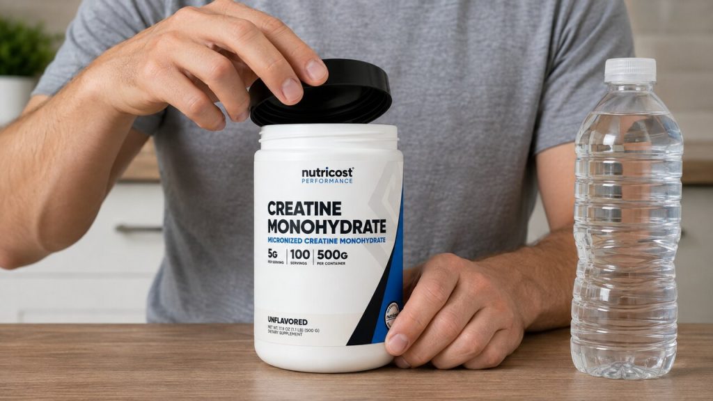 Nutricost creatine tub being opened beside a water bottle