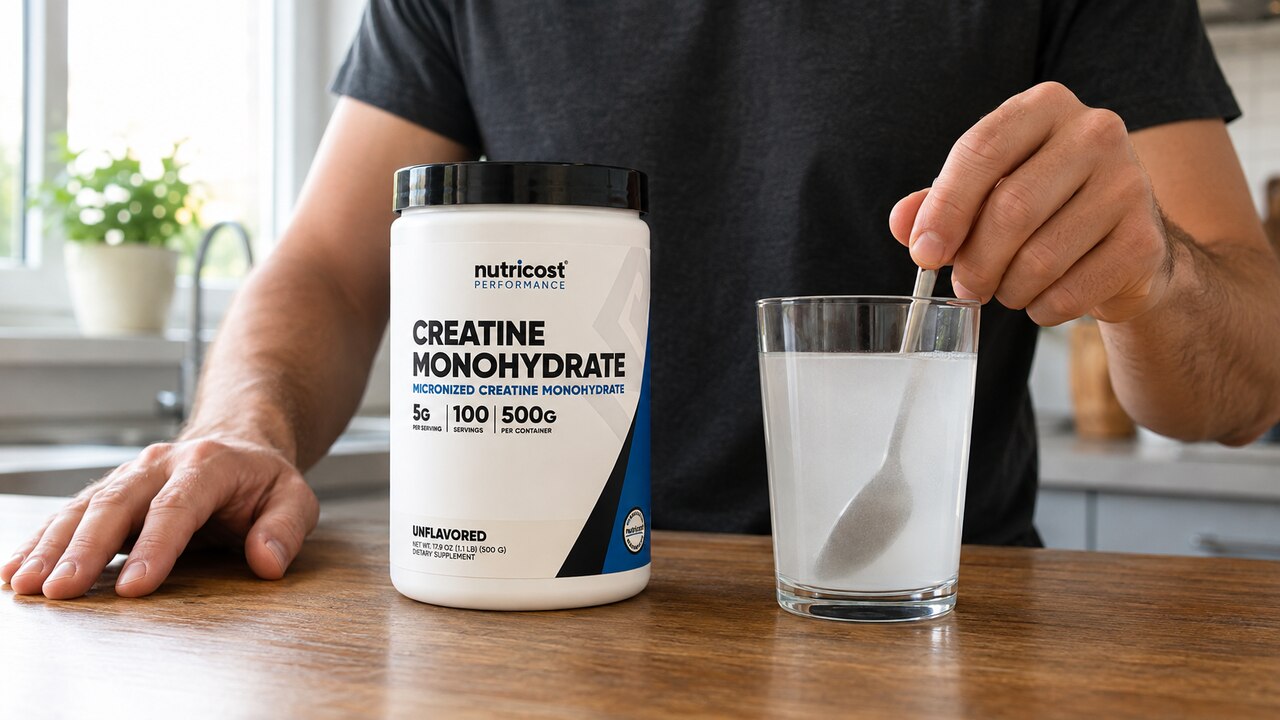 Nutricost creatine tub beside an illustrative mixing scene