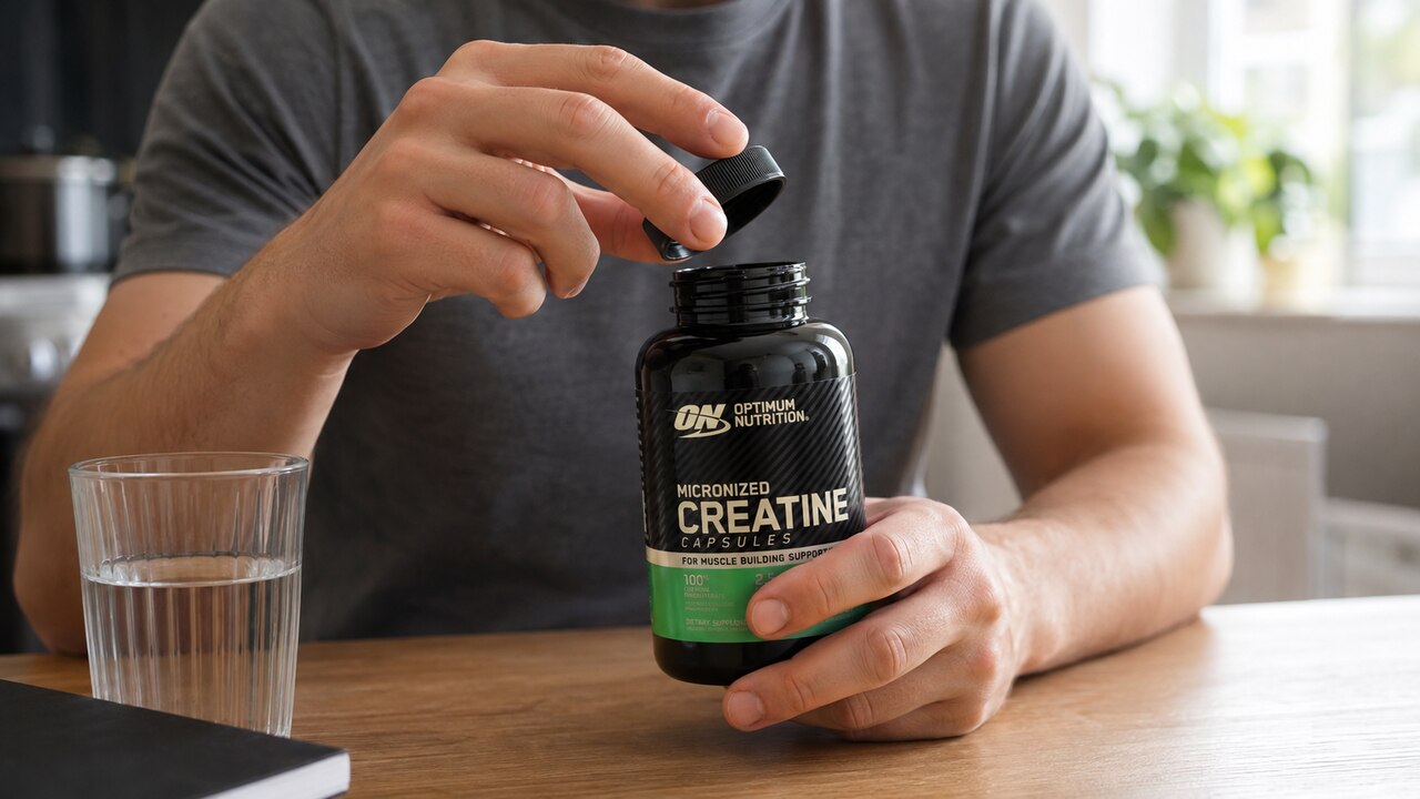 Optimum Nutrition creatine capsules bottle being opened beside water