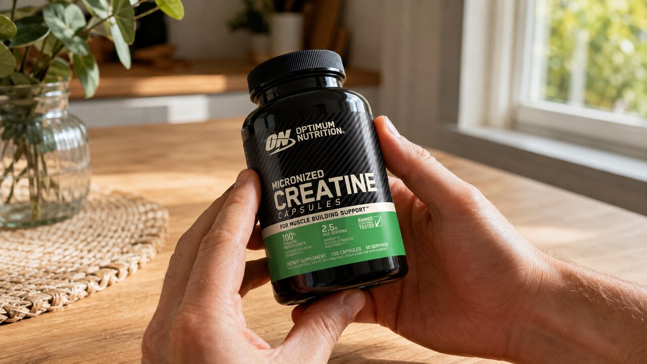 Optimum Nutrition 100-count creatine capsules bottle held at a table