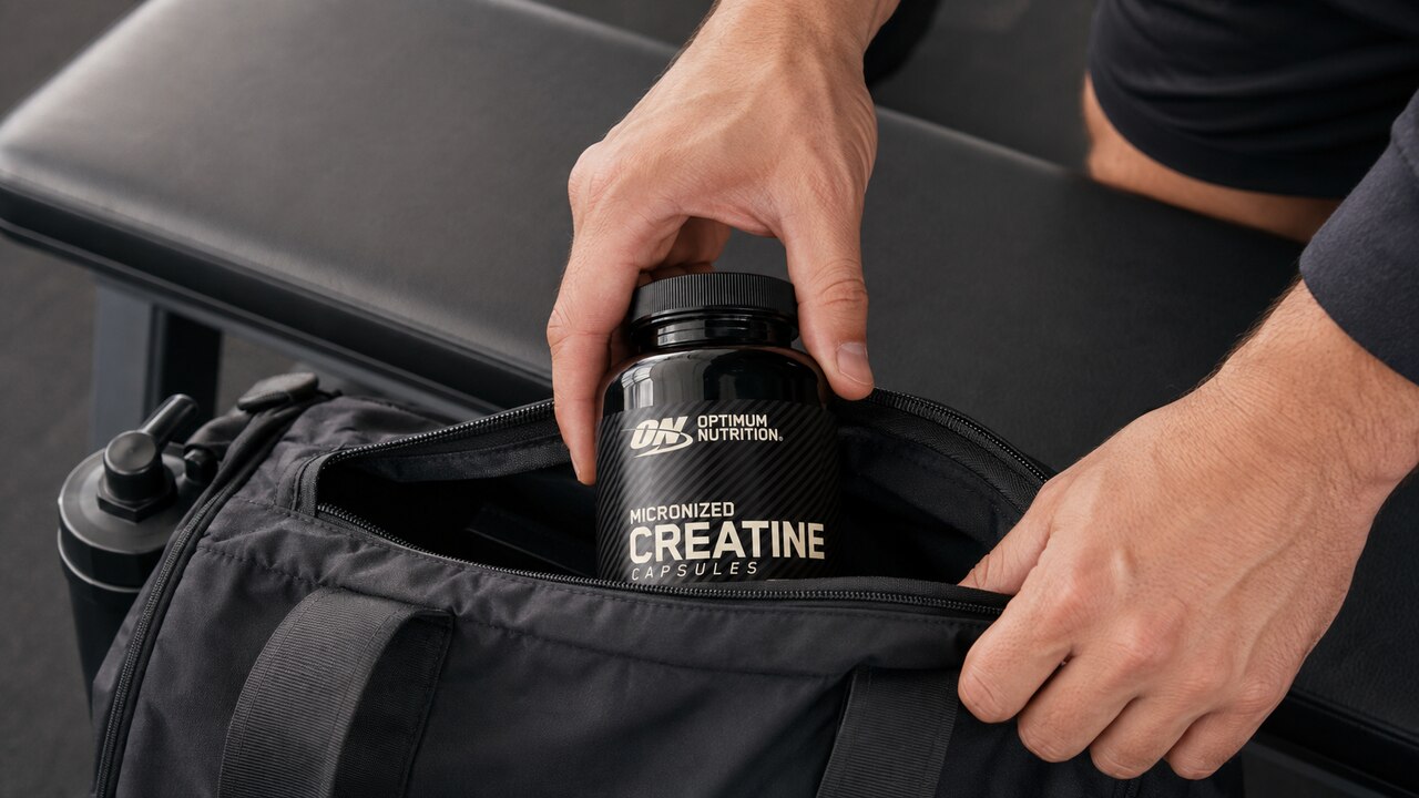 Optimum Nutrition creatine capsules bottle being placed in a gym bag
